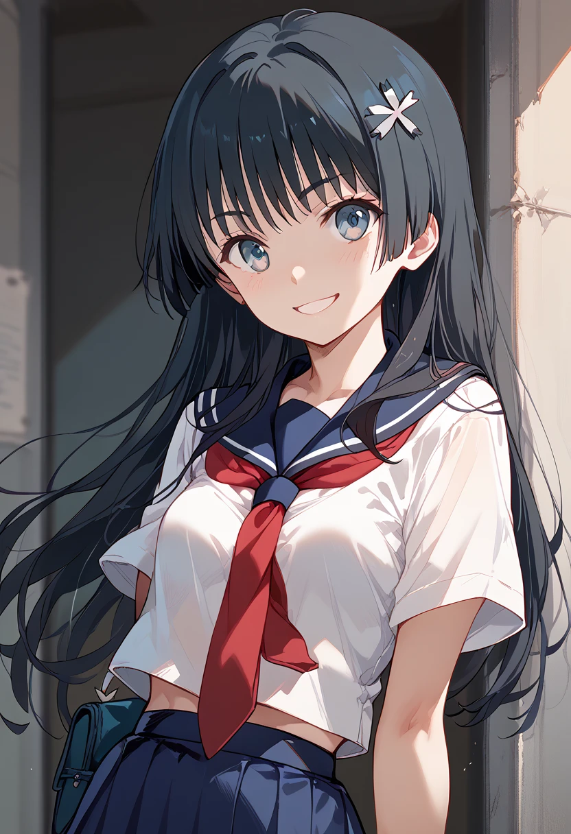 masterpiece,High resolution,Highest quality,8k
(Saten Ruiko)(14-year-old female,Long Black Hair,Small breasts,Slim body,Hairpin)
(White Sailor Suit,Red tie,Blue Skirt)Offer your hand,smile