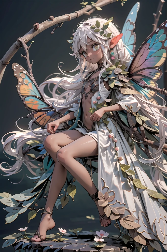 (masterpiece), 1boy, shota, young male fairy, graceful, long elf ears, teenage, (brown skin, white hair, green eyes), full body, beautiful colors, translucent fairy wings, flat chest