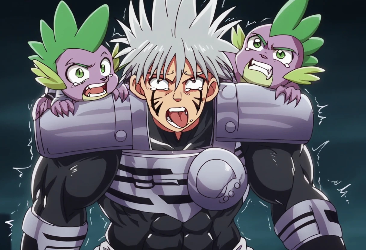 Toei animation style,(((Huge muscles))),Face the enemy,High definitionな顔,Hünkel,Handsome,good looking,((Huge penis,Anal Sex)),Crying face,Silver Hair,,8k,High definition,Masterpiece,Detailed Description,Spike Hair,8 heads,tall,Under eye paint,Trembling,muscles like the hulk,countless black tentacles,Sticking out tongue,Lean back,Spider Suit,Shaking his penis and scattering sperm,rape,Devilish wings,Cat ear,armor,(((Black water discharge in the solar plexus 1,8))),Open your mouth wide,Unfocused eyes