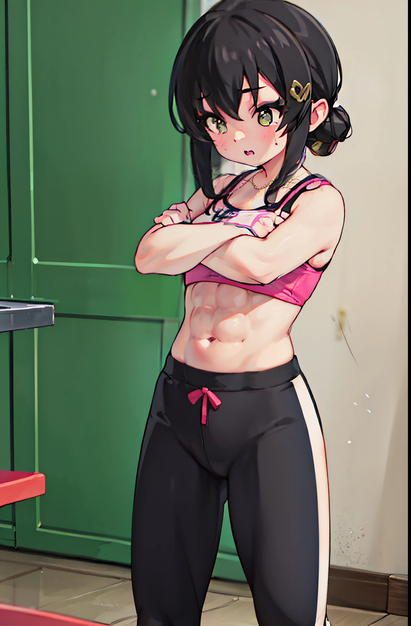1 cute muscular girl,Has short black hair,coordination,Strong arms,Eight-pack abs,whole body,Blue veins