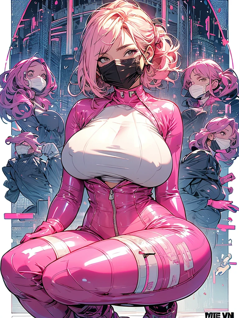 (masterpiece, Highest quality, 32K Wallpapers, Very detailed,portfolio), One girl:1.2, More Angles、highlight、Detailed face、Very talented、((Tight pink latex suit:1.4)), ((Pink latex gloves、Pink latex boots:1.4)),((Latex pink Mask:1.4)),(The most complex machine), (Overall colorful), ((Huge breasts:1.8)),Latex covering the whole body:1.4、Nipples、pussy,  nsfw