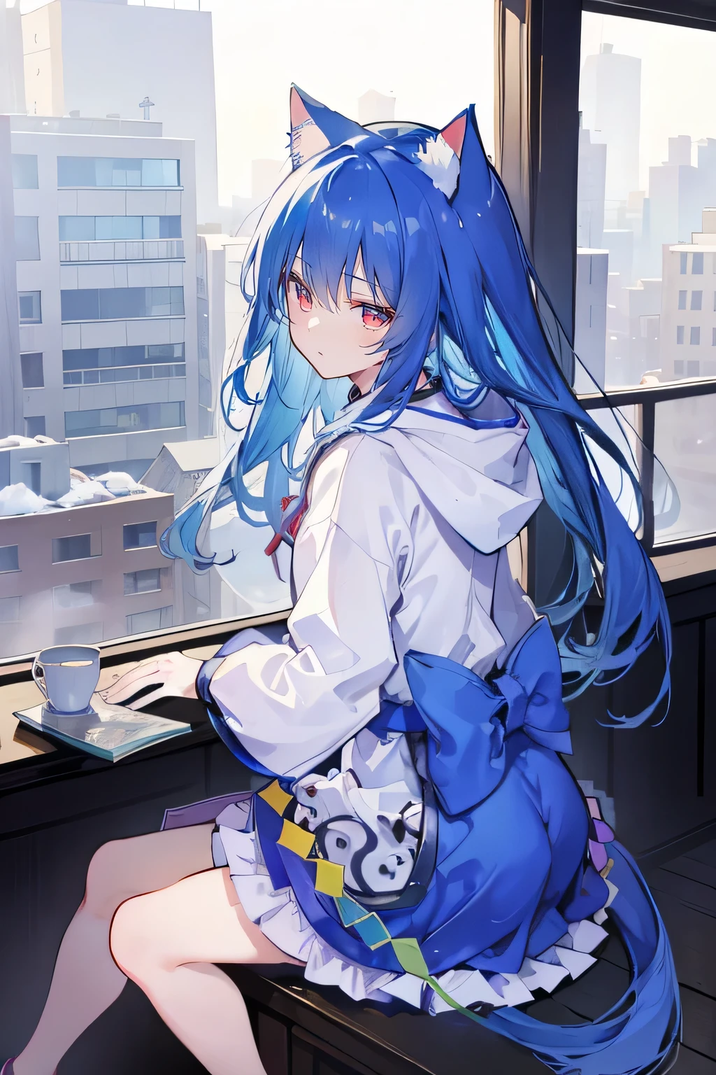 （masterpiece：1.2），Super detailed，lifelike，Expressive eyes，fair skin，perfect face shape，1 girl，
Japanese comics,Gorgeous blue hair,flowing blue hair,flowing clothes,Cat ears,Petals fall,beautiful lola,Baby Angel,
Shaking head with one hand，Cross your legs，smile, wearing hoodie, ,back views,snowing, winter，City Street Scene，winter。sitting on window， looking out the window，Turn your back to the audience,winter。