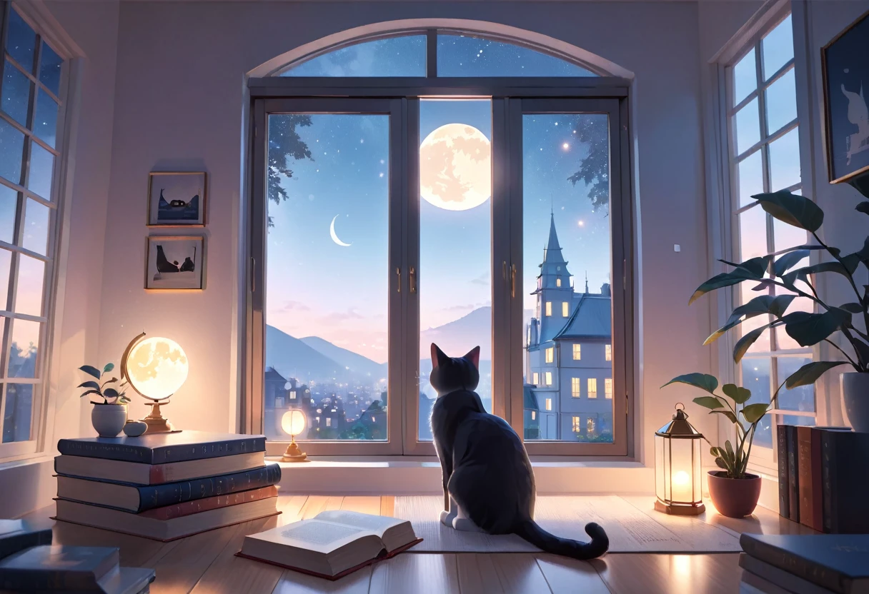 (highest quality:1.2), Beautiful lo-fi minimalist vibe, 1Cat, Book, window, cat looking at window, moon, light bokeh, In soft colors, Sparkling, dynamic side angle, Natural soft lighting, 8K resolution, figure, pastel four colors