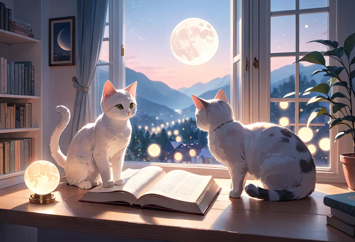 (highest quality:1.2), Beautiful lo-fi minimalist vibe, 1Cat, Book, window, cat looking at window, moon, light bokeh, In soft colors, Sparkling, dynamic side angle, Natural soft lighting, 8K resolution, figure, pastel four colors