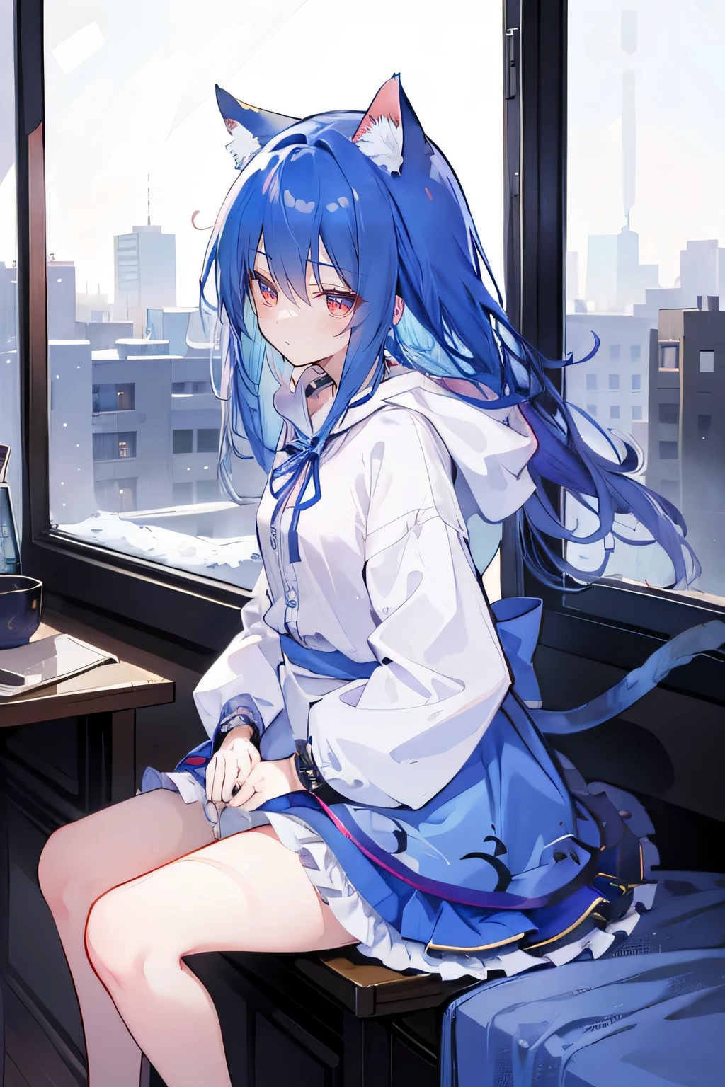 （masterpiece：1.2），Super detailed，lifelike，Expressive eyes，fair skin，perfect face shape，1 girl，
Japanese comics,Gorgeous blue hair,flowing blue hair,flowing clothes,Cat ears,Petals fall,beautiful lola,Baby Angel,
Shaking head with one hand，Cross your legs，smile, wearing hoodie, ,back views,snowing, winter，City Street Scene，winter。sitting on window， looking out the window，Turn your back to the audience,winter。
