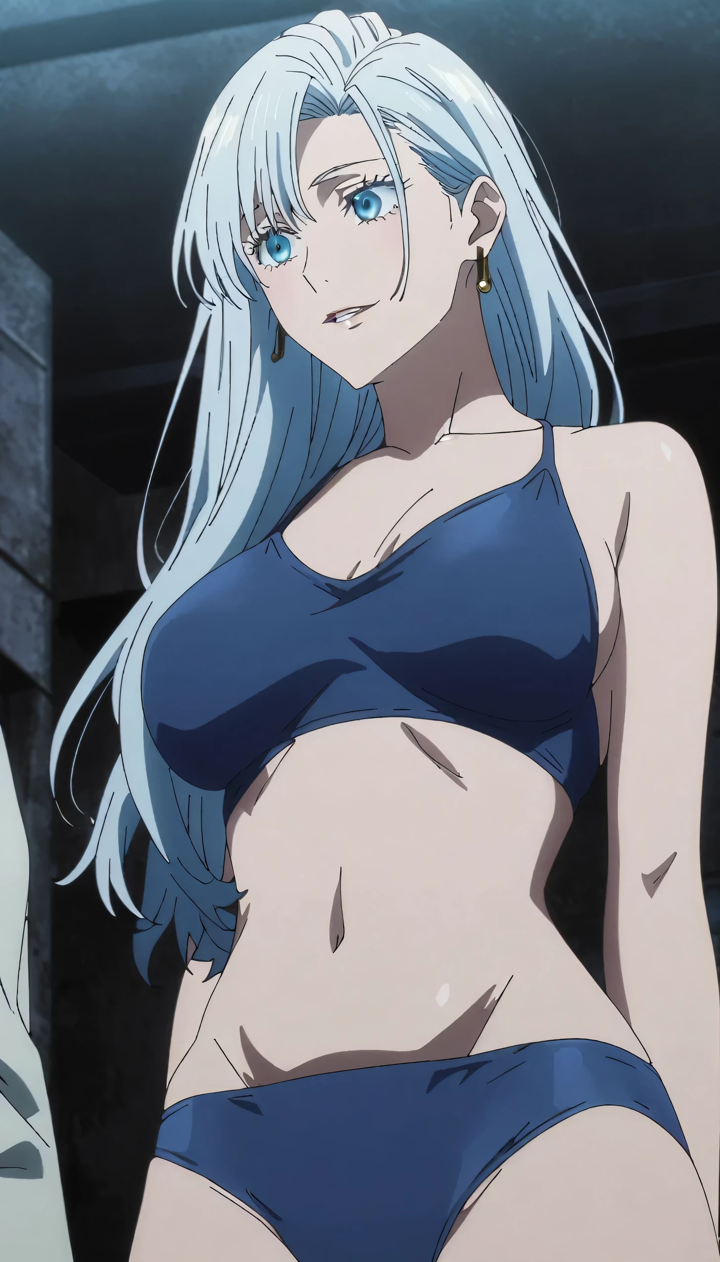 1girl, female gojo satoru, anime screencap from jujutsu kaisen, gojo satoru female version, solo, long_hair, ((Blue eyes,)) ((Silver_hair, hair over ear from one side))((slicked hair)) , night view, (stiff breasts) upper_body, angry and slightly blushing, indoors, parted lips, (long hair) ((wearing blue bikini)) , (Belly Button ) ((Middlebreasts)) , glossy)) breast, "very detailed and high resolution" ((solo)) (((front view))) ) ((high resolution)) ((good quality)) ((silky hair, hair over ear from one side))((hair slicked)) ((parted lips)) ((full body))