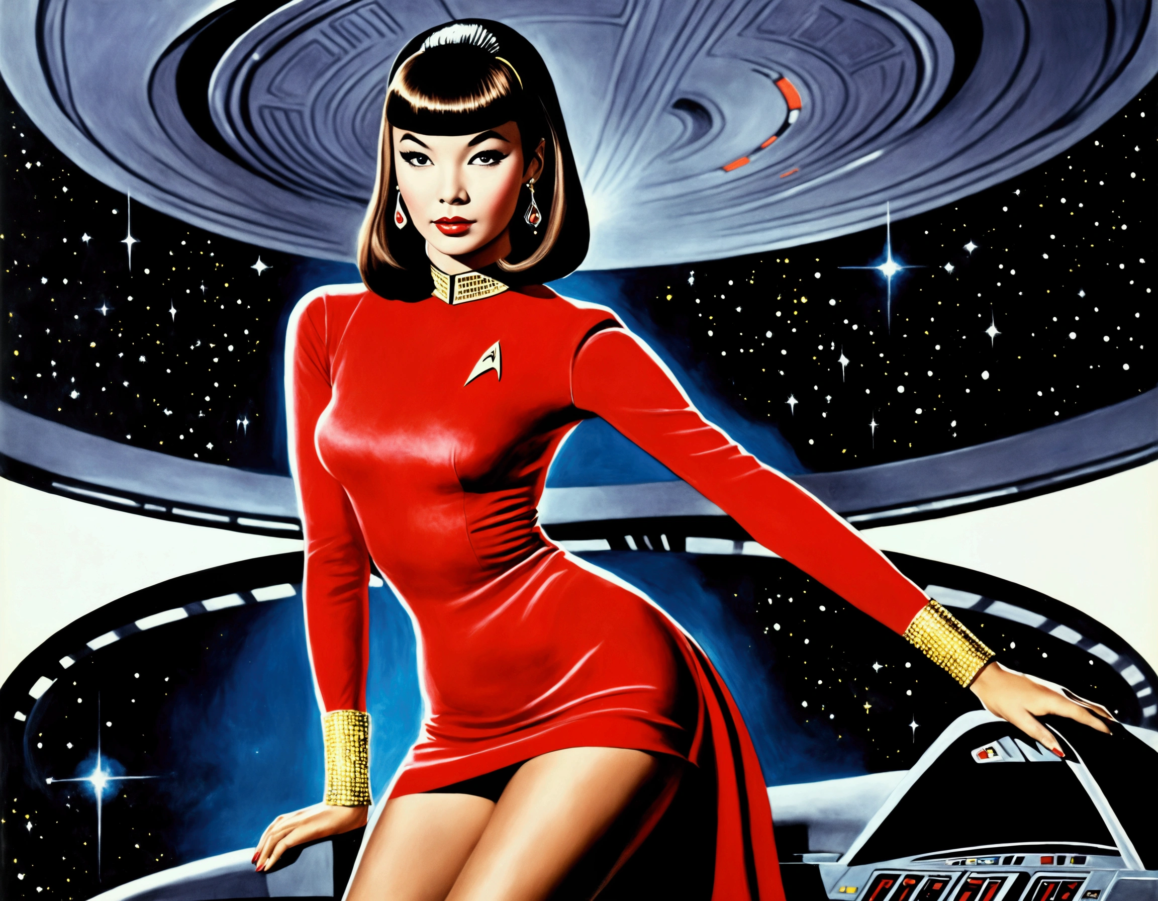 (safe for work, enough clothing to cover objectionable parts making it safe for work) An alien princess(Lalisa Manobal, age 25), dressed in flashy body jewelry and sheer colorful silks tells Captain Kirk she has never experienced this Love. Seductive poses, sultry stare (50's star trek) (show all of her head to tow, show her entire body, full body)