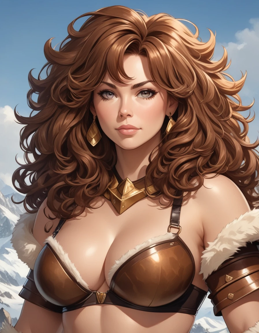 Solo, Score_9, score_8_up, score_7_up, mature woman, athletic hourglass figure, fur bra, animal hide armor, brown curly hair, wide hips, animal hide armor, caveman armor, barbarian armor, portrait image.