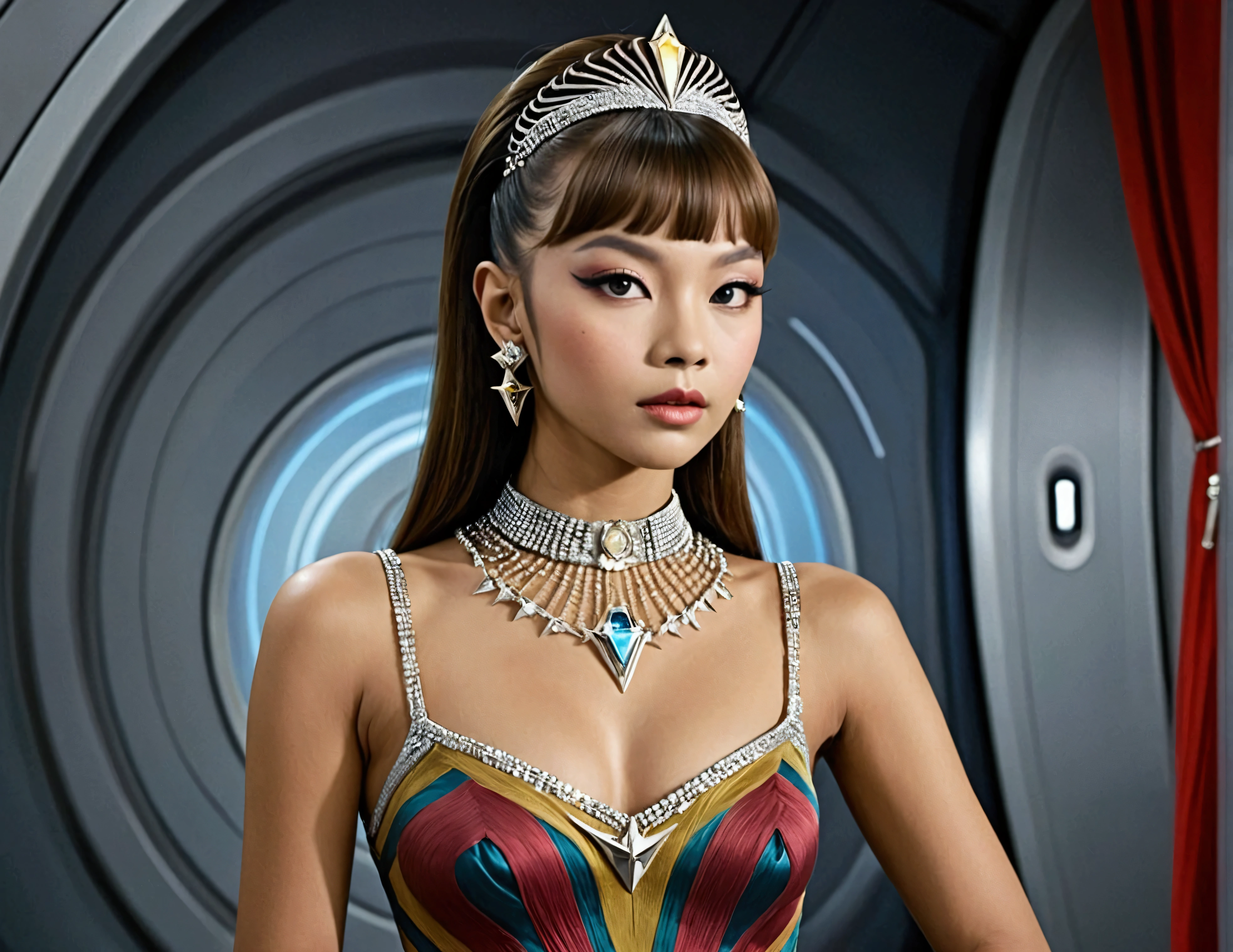 (safe for work, enough clothing to cover objectionable parts making it safe for work) An alien princess(Lalisa Manobal, age 25), dressed in flashy body jewelry and sheer colorful silks tells Captain Kirk she has never experienced this Love. Seductive poses, sultry stare (50's star trek) (show all of her head to tow, show her entire body, full body)
