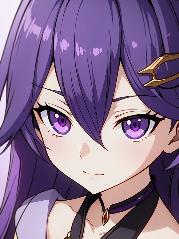 2d, masterpiece, Best quality, anime, very detailed, 1 girl, One, Yuri, purple eyes, purple hair, hair between eyes, hairclip, , yandere face