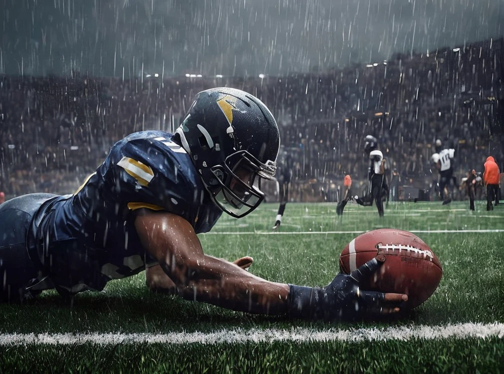 arafed football player laying on the field in the rain, sports photography, football player, under rain, football, superbowl, rain falling, helmet is off, rain is falling, interrupting the big game, award winning sports photography, breathtaking shot, in the rain, 🇺🇦, realistic depiction, high-speed sports photography, dramatic rain, cinematic shot!