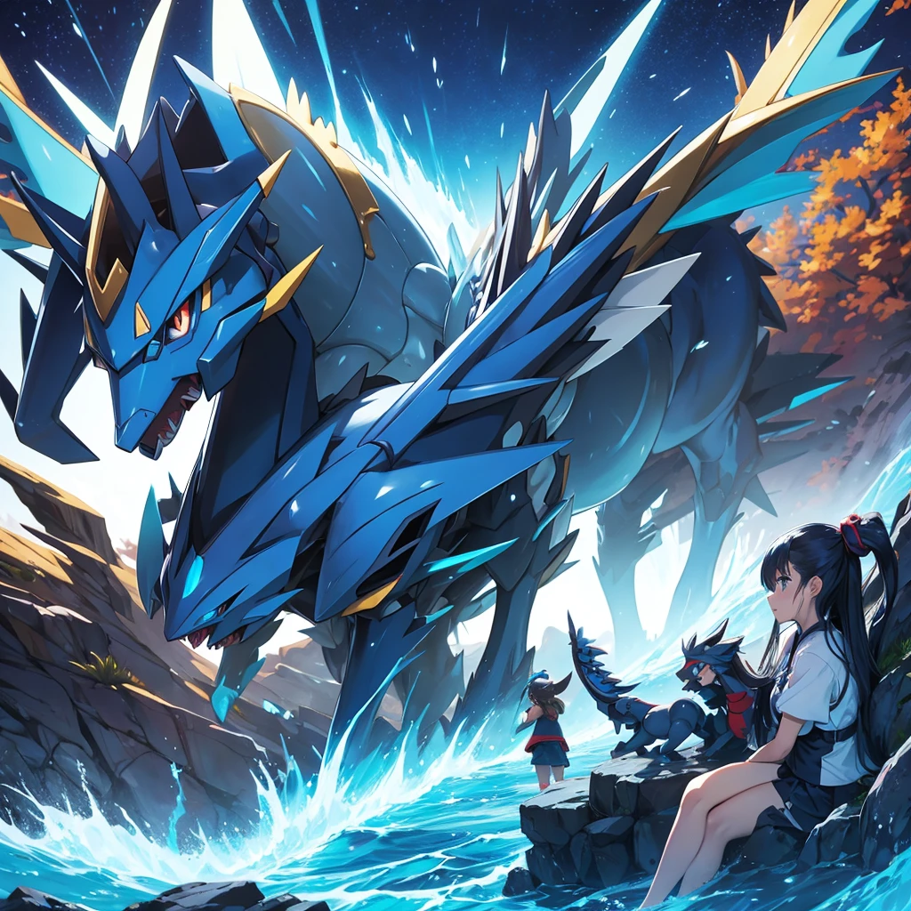 Pokemon Ghibli style Dialga being petted by the main character