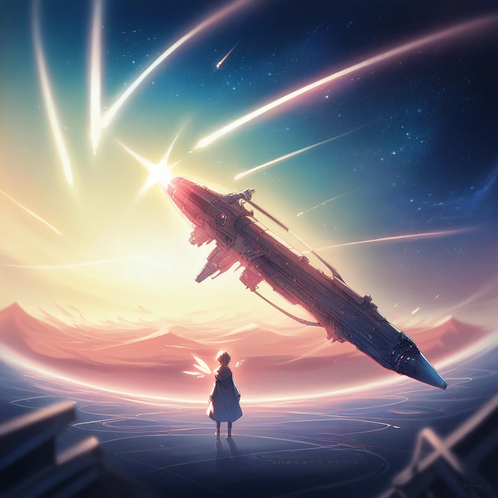 anime girl looking at a shooting star above the clouds, highly detailed raw color photo, dynamic pose, (cosmic: 1.4), (necropolis: 1.1), (science fiction setting), chromatic aberration, depth of field, soft lighting, masterpiece, best quality, intricate, (lens reflection: 0.7), (flowering: 0.7), particle effects, ray tracing