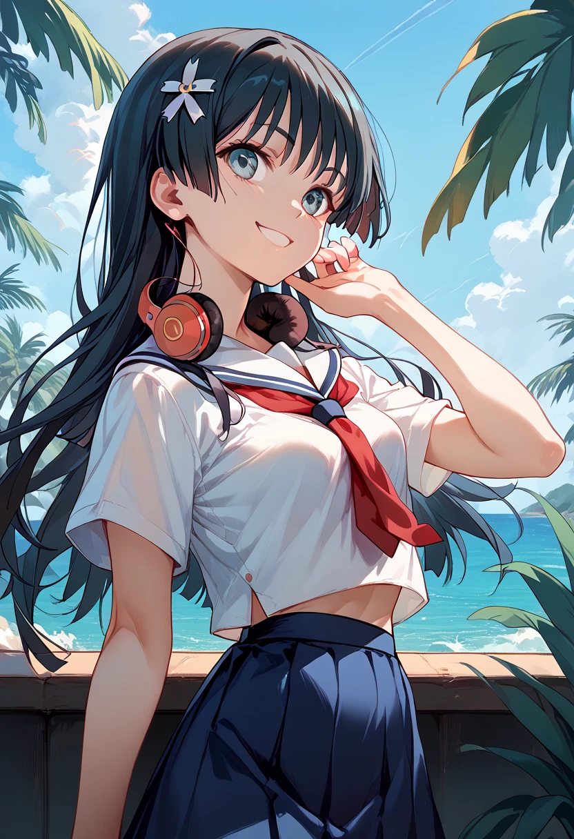 masterpiece,High resolution,Highest quality,8k
(Saten Ruiko)(14-year-old female,Long Black Hair,Small breasts,Slim body,Hairpin)
(White Sailor Suit,Red tie,Blue Skirt)palm in front of,smile,Headphones on neck