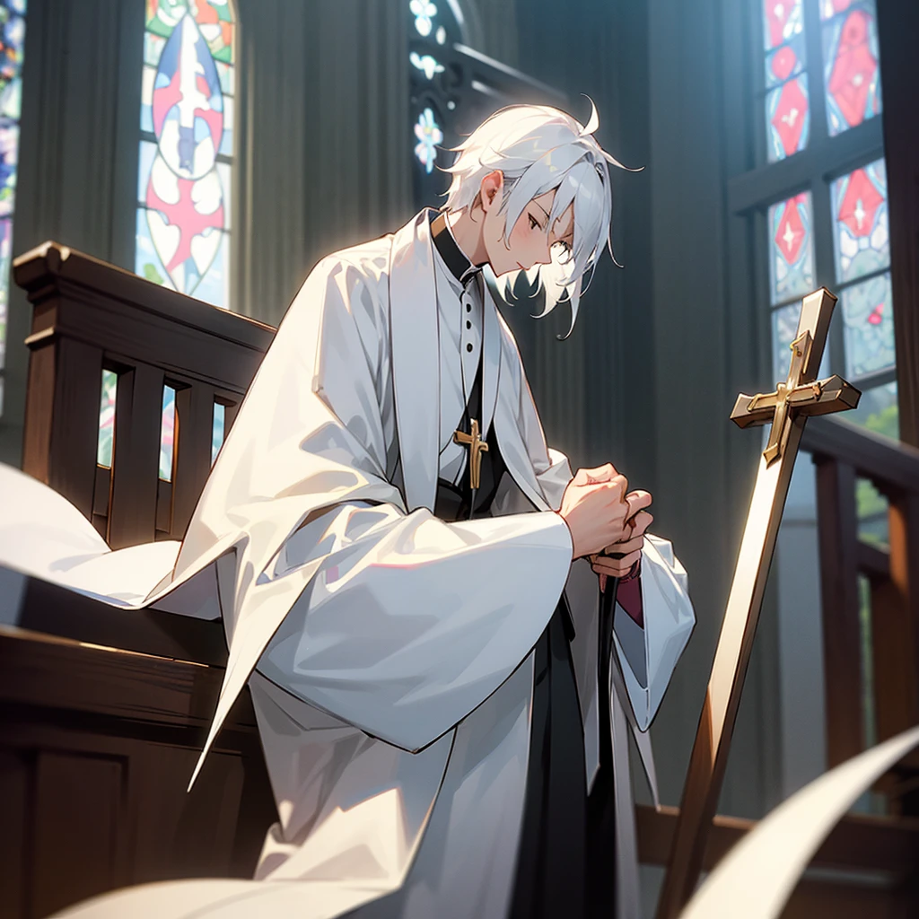 One person、male、adult、White Hair、Priest's clothing、church、cross、