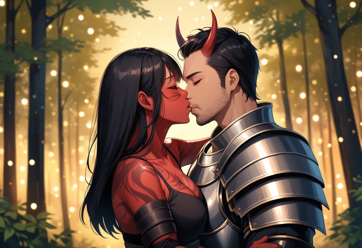 8K, RAW, best quality, masterpiece, ultra high res, colorful, portrait, (medium wide shot), (dynamic perspective), sharp focus , (depth of field, bokeh:1.3), extremely detailed eyes and face, beautiful detailed eyes,
couple, hugs, kiss, kissing, passion, love, moment, |
(1man, Human, Caucasian, human Knight, male in fullplate armor, muscular, stubble, short black hair, brown eyes:1.5), |
(1girl, Japanese, Oni, demon, girl with oni horns, girl with oni red skin, slander tail, wide samurai pants, geta footwear, black tight crop top, long black hair, red eyes, breasts bandage, medium breasts:1.5), |
near campfire, lean back to tree, looking at viewer, facing viewer, right side view, forest background, dark forest, night time