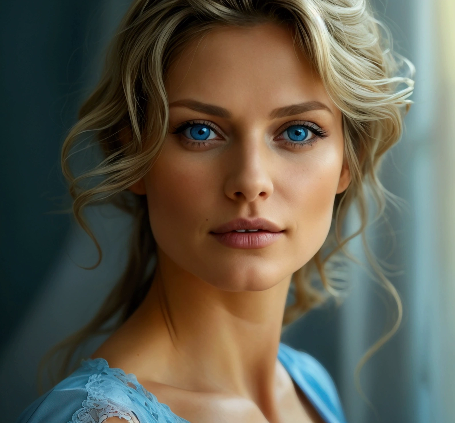 sexy 36-year-old european woman, dark blonde-dyed hair wicks, mid long haircut. Blue eyes. Best quality, photorealistic, MILF