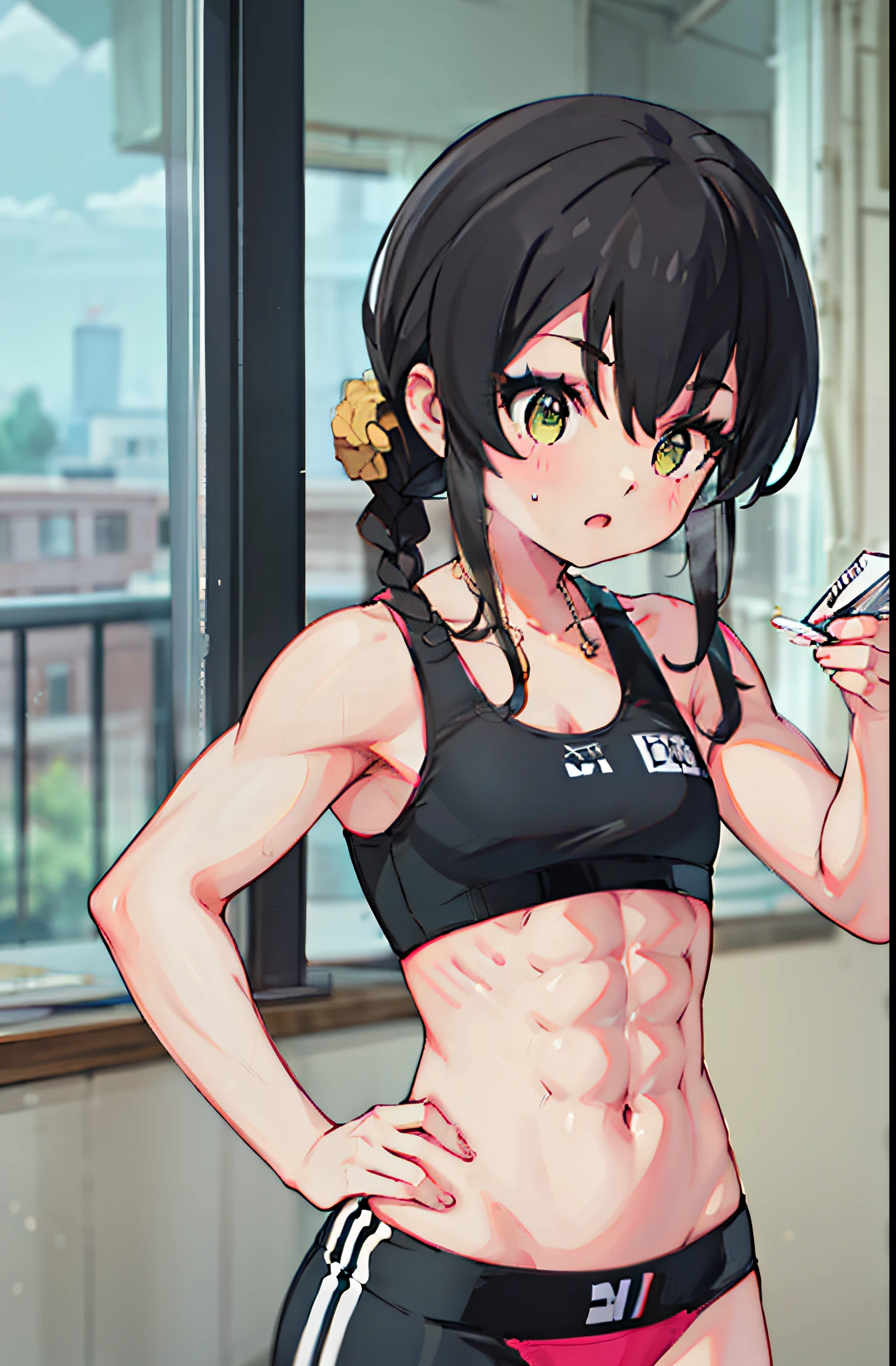 1 cute muscular girl,Has short black hair,coordination,Strong arms,Eight-pack abs,whole body,Blue veins,Muscular legs