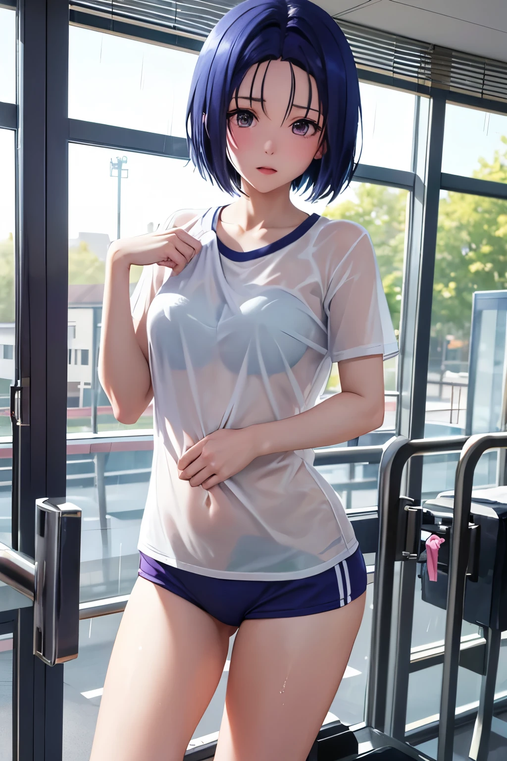 Haruna Sairenji、To Love-Ru、Blue Hair、Bobcut、Hairpins x 2、Show your forehead、high school girl、White gym clothes、Bloomers、Soaking wet、Wet gym clothes、Sheer gym clothes、You can see through the bra、See-through underwear、first round、Embarrassing、blush、（（（ＳＦＷ、sound、Highest quality、first-clasasterpiece、Normal body、8k、Detailed face、Ultra-precision、Normal hand、Normal finger、５Finger、Highest）））、Full body view、School、Behind the gym、heavy rain、Outdoor