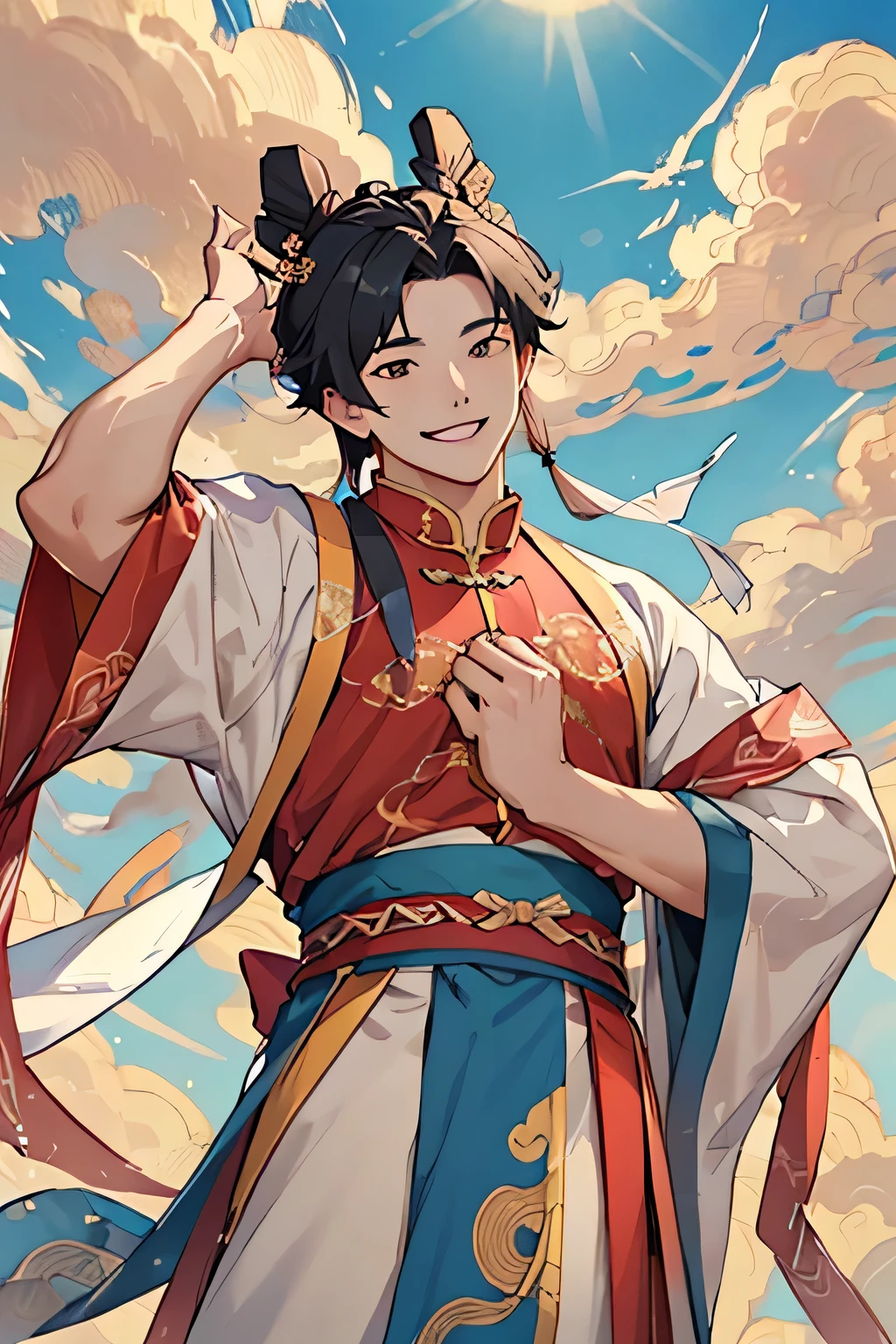 ((best quality)), ((masterpiece)), (detailed), Male immortals,Front image,Chinese Mythology,During the Song Dynasty。This is a fairy who controls the blue sky and white clouds.。Behind him is the beautiful blue sky and white clouds。He has black eyes,Looks very sunny and handsome,He looks kind of happy.,Smiling。Beautiful blue sky and white clouds in the background,In the background is the palace during the Song Dynasty。His hands on his chest,Looks a little proud and happy。