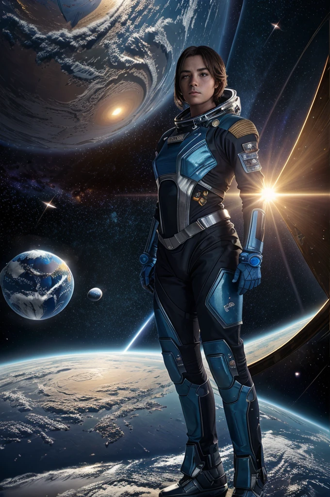 quality\(8k,wallpaper of extremely detailed CG unit, masterpiece,hight resolution,top-quality,top-quality real texture skin,hyper realisitic,increase the resolution,RAW photos,best qualtiy,highly detailed,the wallpaper,cinematic lighting,ray trace,golden ratio\), BREAK ,solo,1astronaut wearing space suit floating aimlessly in the galaxy\(dark,beautiful,beautiful stars\) and behind him a beautiful dazzling sun surely rising from behind the large beautiful (blue earth:1.6),(long shot:1.5)
