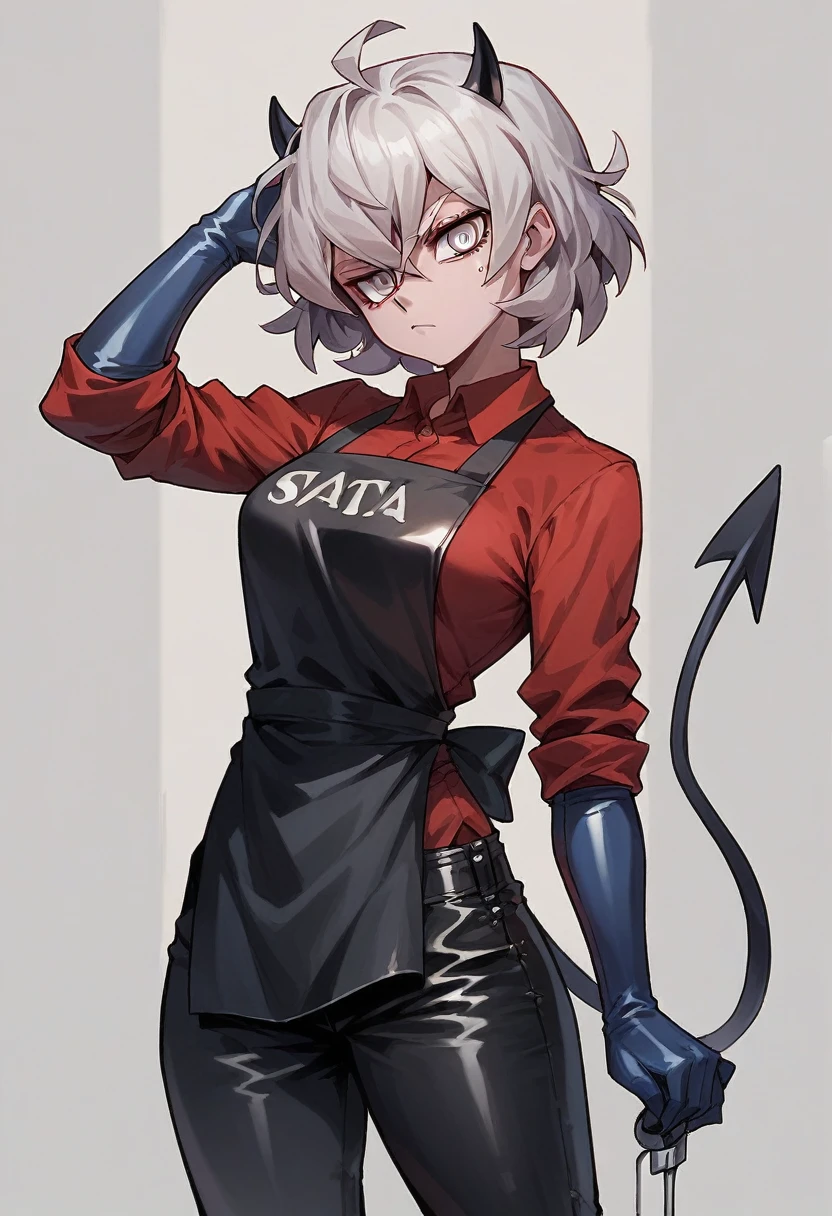 1girl, malina \(helltaker\), ((blue elbow gloves)), ((surgical gloves)), ((latex gloves)), (red shirt), ((long sleeves)), (black apron), (pants), looking at viewer, standing, solo
