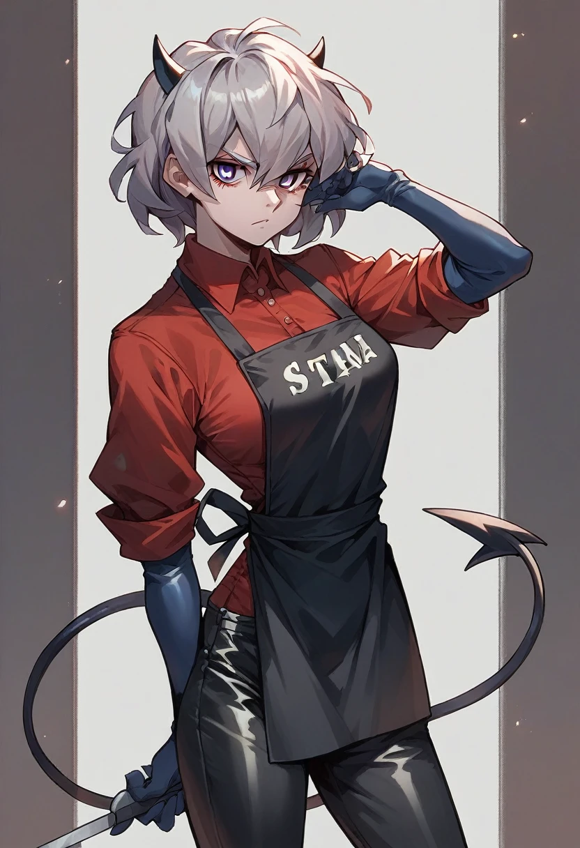 1girl, malina \(helltaker\), ((blue elbow gloves)), ((surgical gloves)), ((latex gloves)), (red shirt), ((long sleeves)), (black apron), (pants), looking at viewer, standing, solo