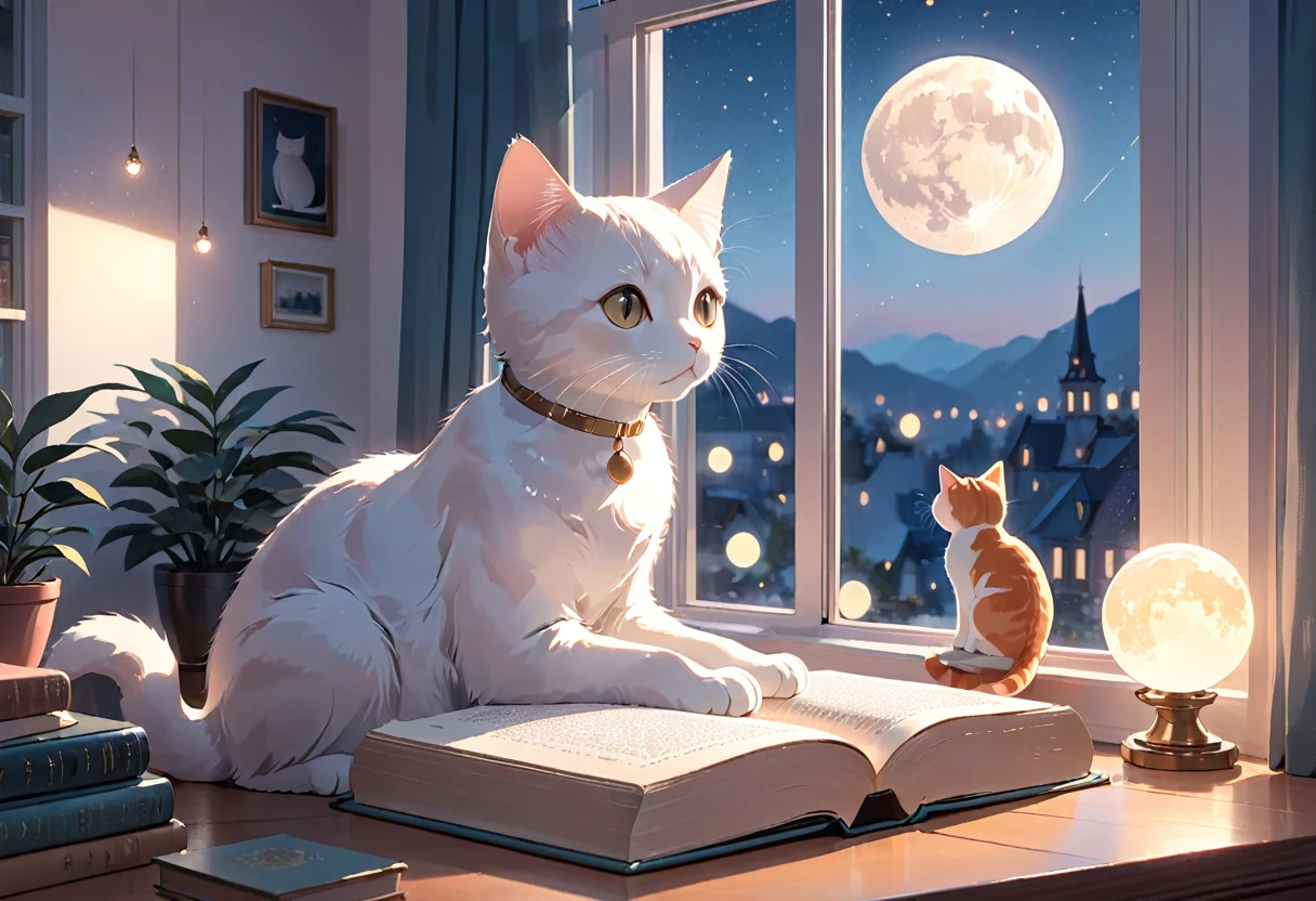 (highest quality:1.2), Beautiful lo-fi minimalist vibe, 1Cat, Book, window, cat looking at window, moon, light bokeh, In soft colors, Sparkling, dynamic side angle, Natural soft lighting, 8K resolution, figure, pastel four colors