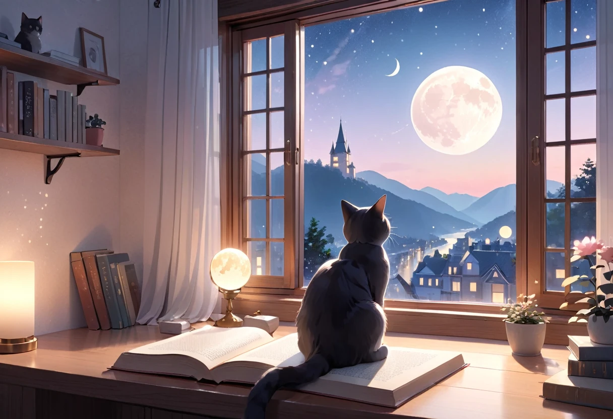 (highest quality:1.2), Beautiful lo-fi minimalist vibe, 1Cat, Book, window, cat looking at window, moon, light bokeh, In soft colors, Sparkling, dynamic side angle, Natural soft lighting, 8K resolution, figure, pastel four colors