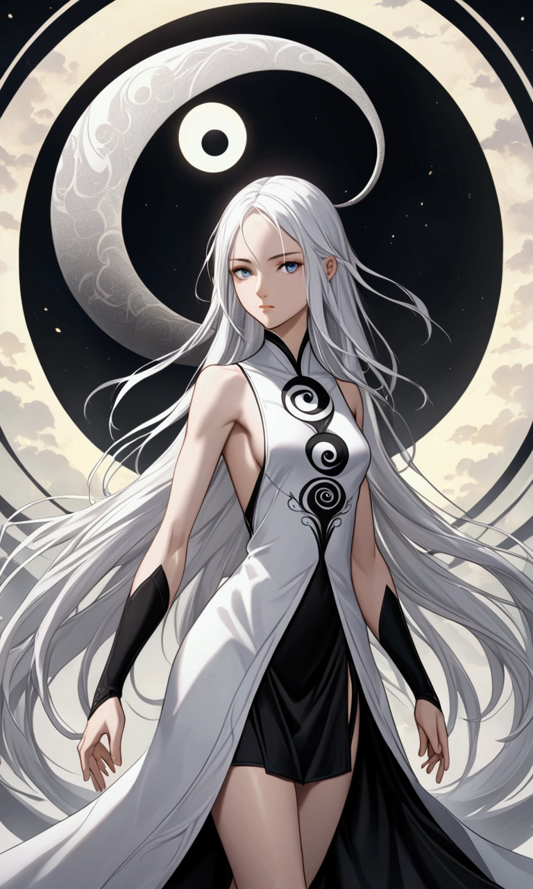 A girl with long elegant white hair, determined grey eyes, fair skin tone, slender and athletic built, average height body, ying yang robes, detailed eyes, detailed body, long shot, 8k high-res best quality.