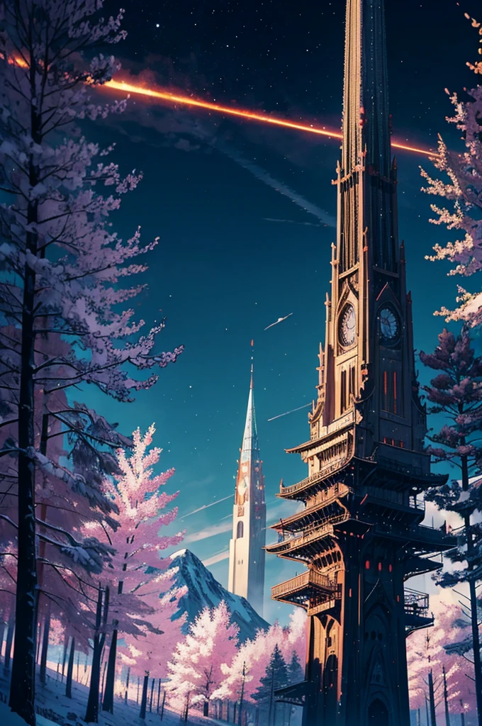 anime girl,bright eyes,cape,Hood removed,Two colored hair,the forest,mountain,Tower,На backgroundе Огромный мир с Бескрайним горизонтом,Flame Envelops the Tower,4K wallpaper,Art wallpaper Anime,background