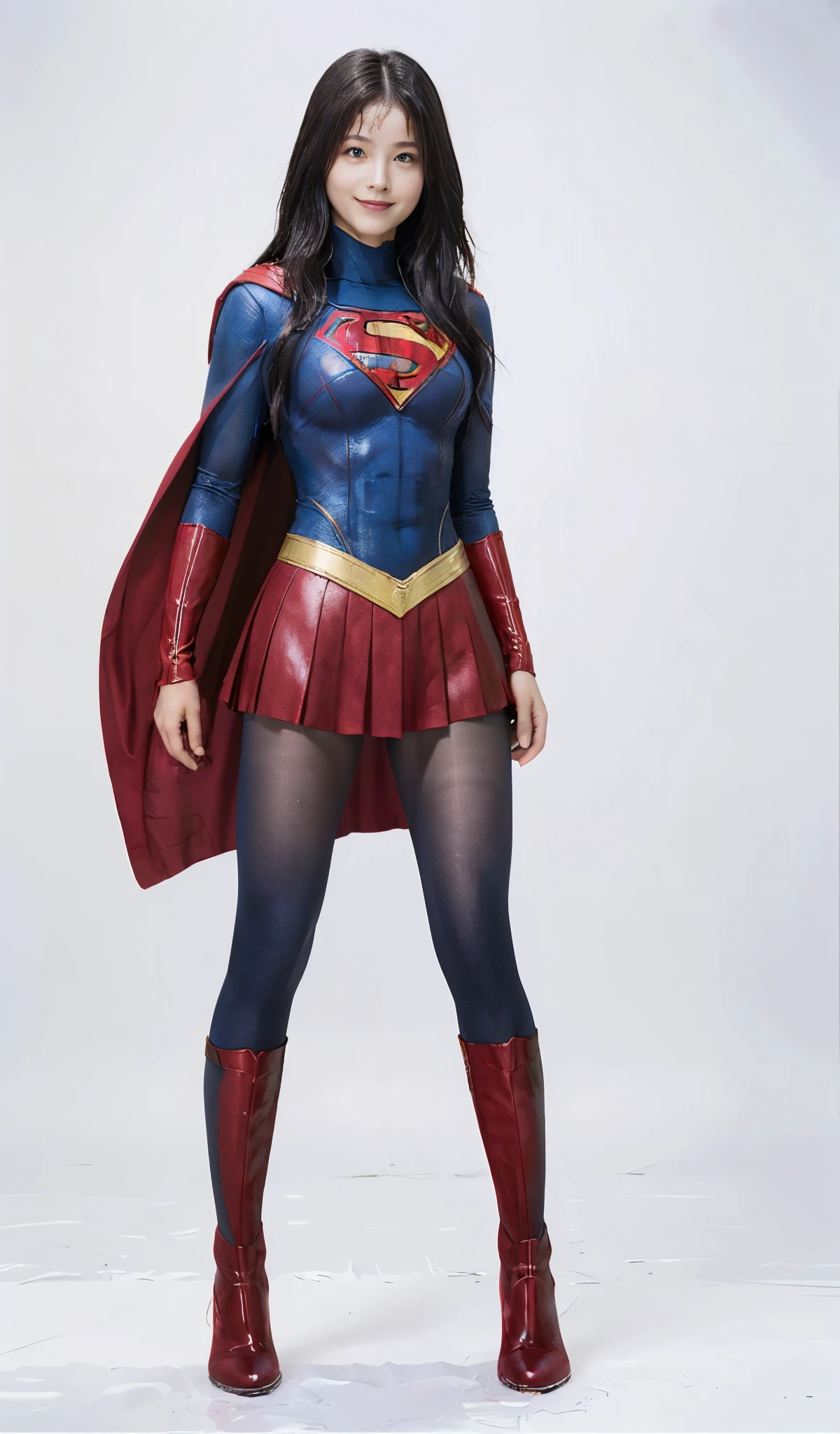 No background、(((Beautiful legs in black tights.)))、(((Legally express the beauty of your smile)))、((((Make the most of your original images)))、(((Supergirl Costume)))、(((Beautiful Hair)))、(((suffering)))、(((Please wear black tights....、Wear red boots)))、((Best image quality、8k))、((Highest quality、8k、masterpiece:1.3))、(((Preserve background )))、Sharp focus:1.2、Beautiful woman with perfect figure:1.4、Slim Abs:1.2、Wet body:1.5、Highly detailed face and skin texture、8k