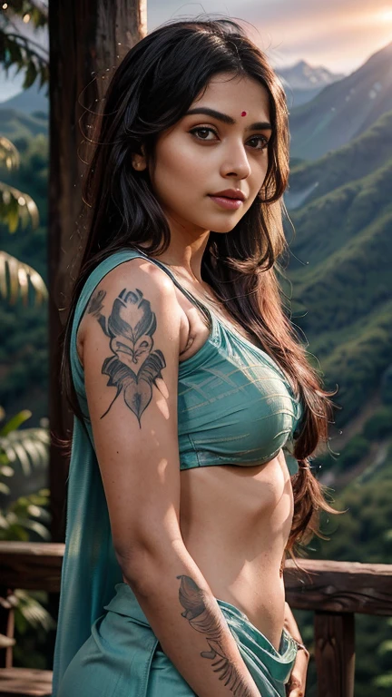 30 year old indian woman, wearing Saree, long braid hair, mountain forest, ultra realistic, realism, cute, charming, dusk time, sunset, medium height, big eyes, tattooed hands, sexy, ambient lighting, lens flare, god rays, perfect anatomy, detailed body and face, 8k ,side pose telephoto shot realistic realism cinematic