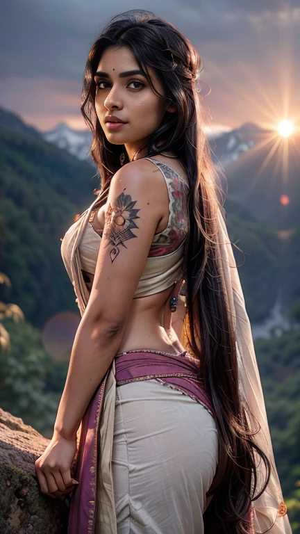 30 year old indian woman, wearing Saree, long braid hair, mountain forest, ultra realistic, realism, cute, charming, dusk time, sunset, medium height, big eyes, tattooed hands, sexy, ambient lighting, lens flare, god rays, perfect anatomy, detailed body and face, 8k ,side pose telephoto shot realistic realism cinematic