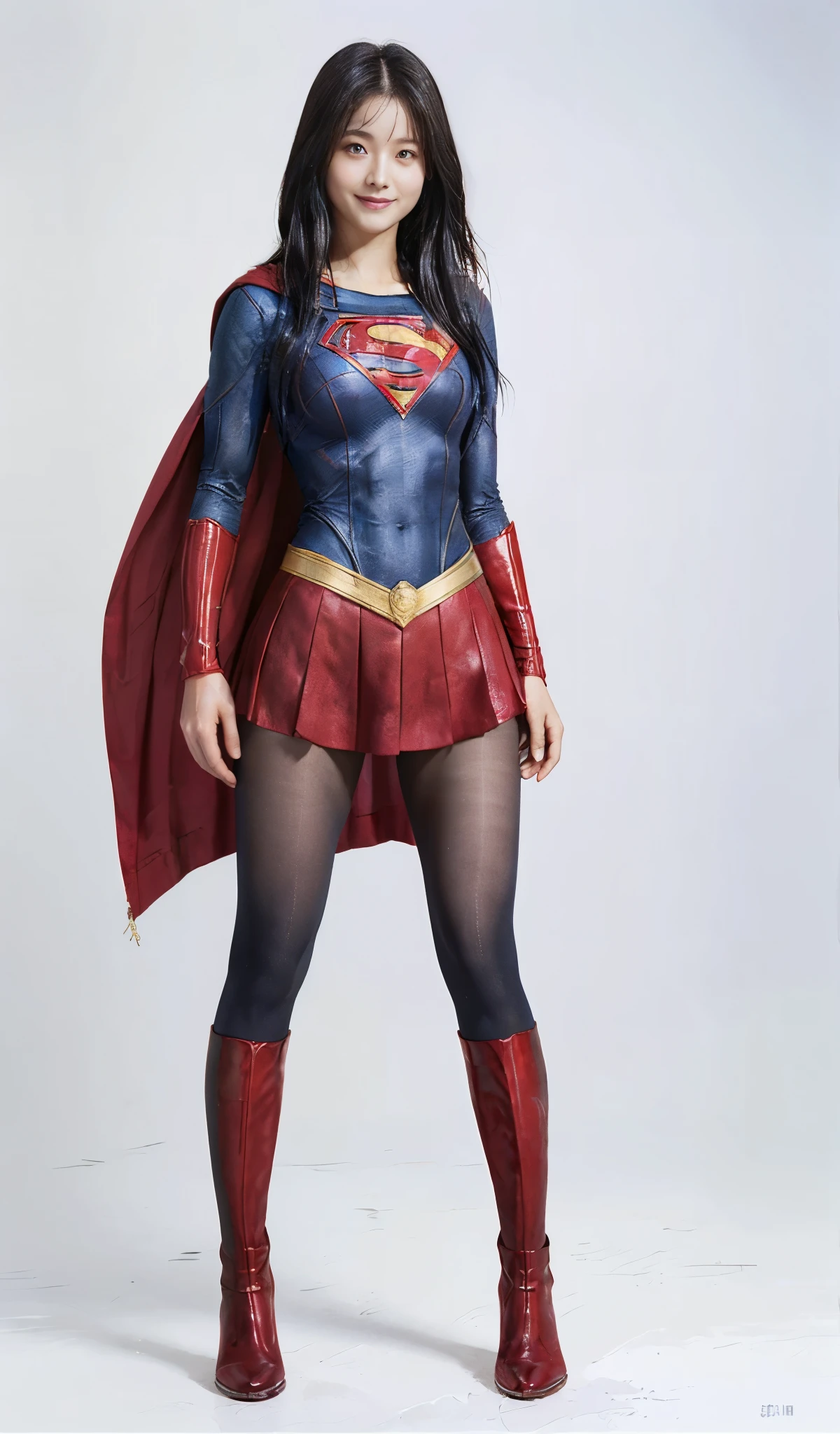 No background、(((Beautiful legs in black tights.)))、(((Legally express the beauty of your smile)))、((((Make the most of your original images)))、(((Supergirl Costume)))、(((Beautiful Hair)))、(((suffering)))、(((Please wear black tights....、Wear red boots)))、((Best image quality、8k))、((Highest quality、8k、masterpiece:1.3))、(((Preserve background )))、Sharp focus:1.2、Beautiful woman with perfect figure:1.4、Slim Abs:1.2、Wet body:1.5、Highly detailed face and skin texture、8k