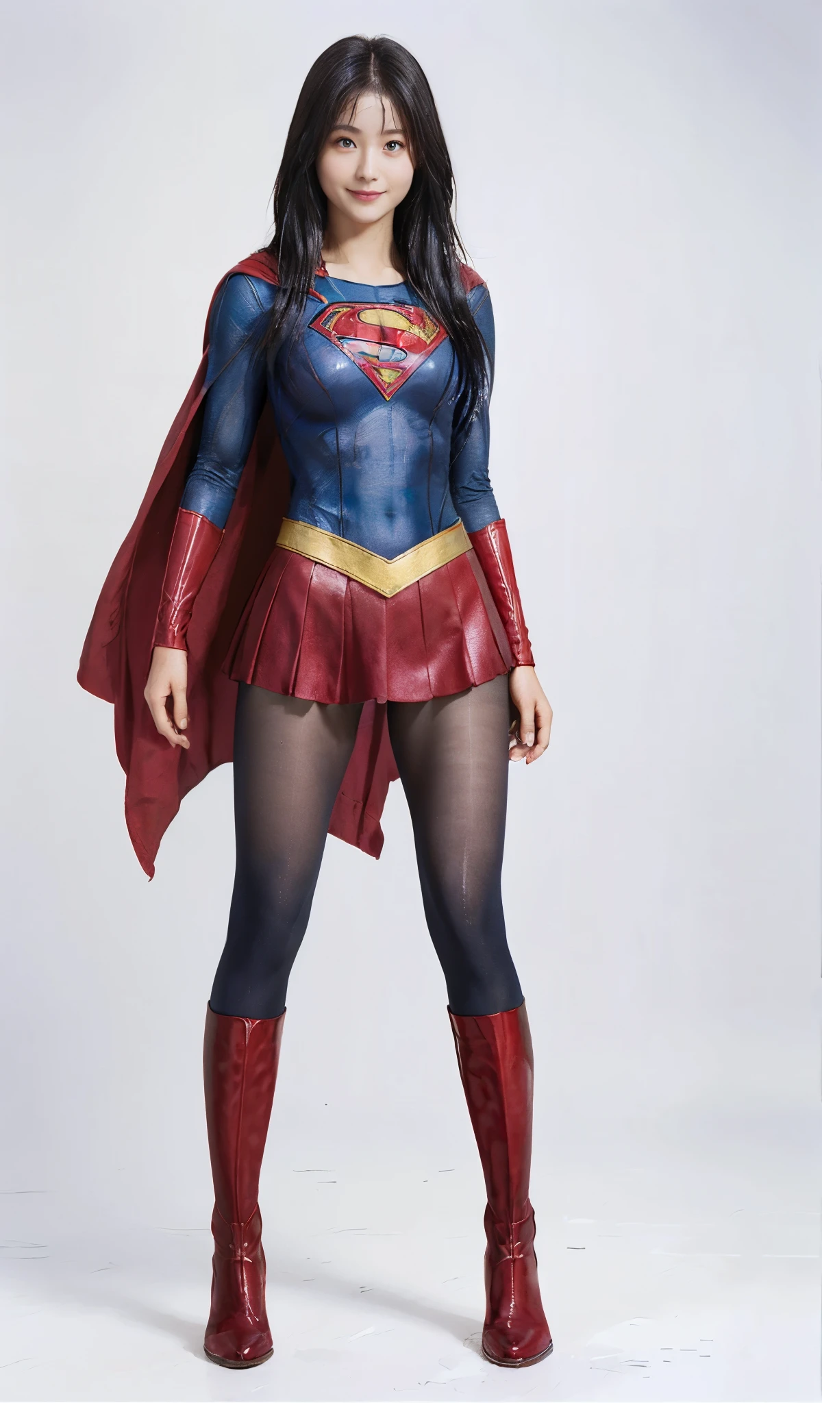 No background、(((Beautiful legs in black tights.)))、(((Legally express the beauty of your smile)))、((((Make the most of your original images)))、(((Supergirl Costume)))、(((Beautiful Hair)))、(((suffering)))、(((Please wear black tights....、Wear red boots)))、((Best image quality、8k))、((Highest quality、8k、masterpiece:1.3))、(((Preserve background )))、Sharp focus:1.2、Beautiful woman with perfect figure:1.4、Slim Abs:1.2、Wet body:1.5、Highly detailed face and skin texture、8k
