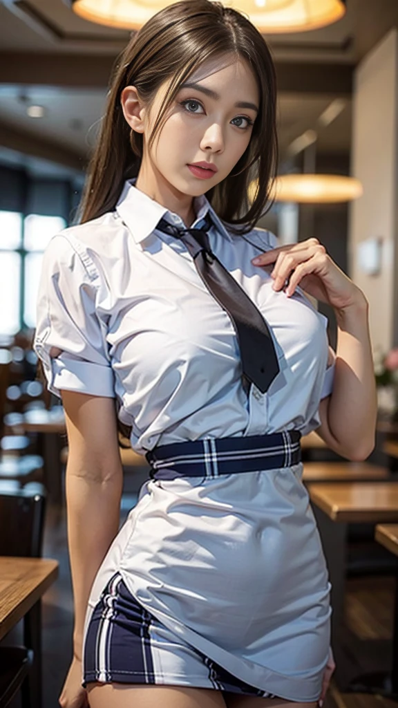 (8k, RAW Photos, 最high quality, masterpiece: 1.2), (Realistic, photoRealistic: 1.37), 1 A woman dressed as a waitress standing on the sidewalk, ,Ultra mini skirt、 Professional Lighting, Photon Mapping, ,、Simple clothes、 Ultra compact uniform、,At a popular restaurant， 胸がbig、Incredibly beautiful face、masterpiece, 最high quality, high quality, High resolution, big , (Face close-up),working at a restaurant、Carrying tableware、Hair is tied、Updo、Playmate proportions、Erotic Waitress、Please tie your hair tightly、expose as much skin as possible、、The ultimate revealing outfit、Slicked back hair、Infinite Strip、Slicked back hair、oh、Nipple poking stimulation、Tingling in the nipples、Anal feels good、Checked clothing,Checker Mode、