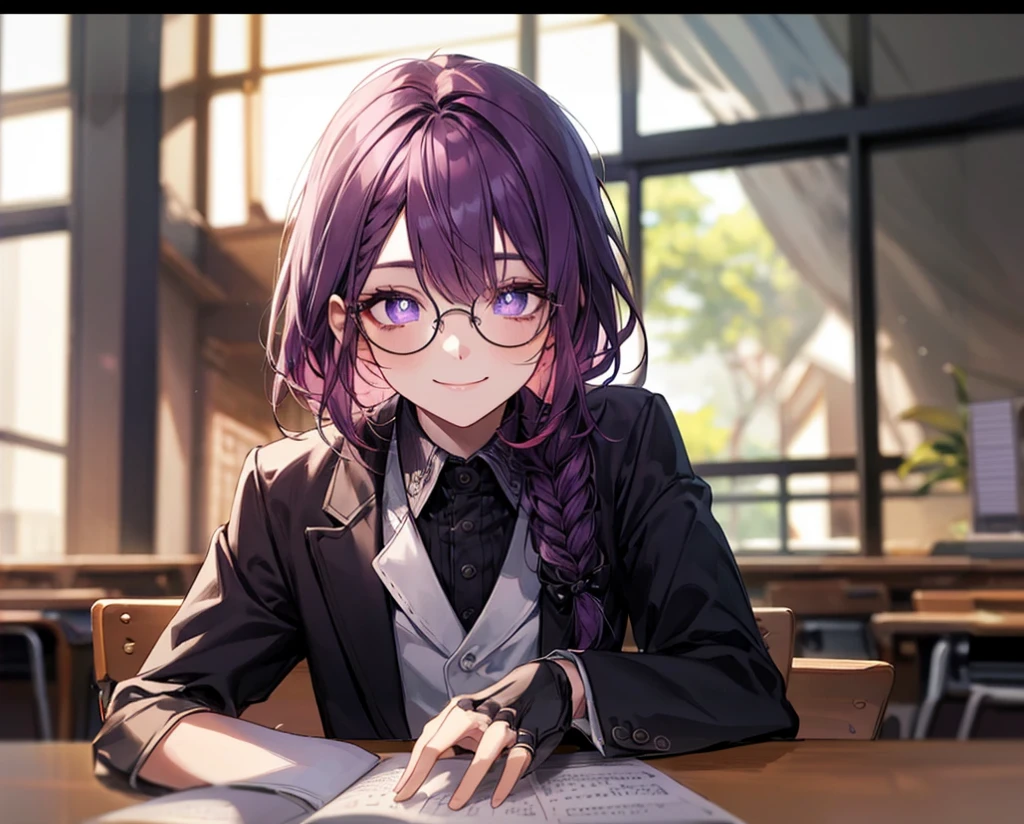 single braid hair,violet colored hair,(Eye 1:2,Clear eyes,Elaborate Eyes,Delicate pupils,Good eyes,eye detailed),Face Focus,Adult,In black suit,best qualtiy,facial detailing,Classroom,sit on desk,sitting in the couch,lazy,Detailed background,diffuse sunlight,depth of fields,Studying Smiling at your desk, violet eyes,black gloves, round glasses, long sleeves,violet hair, smile,