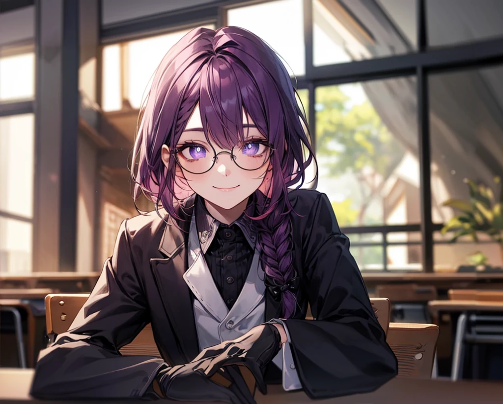 single braid hair,violet colored hair,(Eye 1:2,Clear eyes,Elaborate Eyes,Delicate pupils,Good eyes,eye detailed),Face Focus,Adult,In black suit,best qualtiy,facial detailing,Classroom,sit on desk,sitting in the couch,lazy,Detailed background,diffuse sunlight,depth of fields,Studying Smiling at your desk, violet eyes,black gloves, round glasses, long sleeves,violet hair, smile,