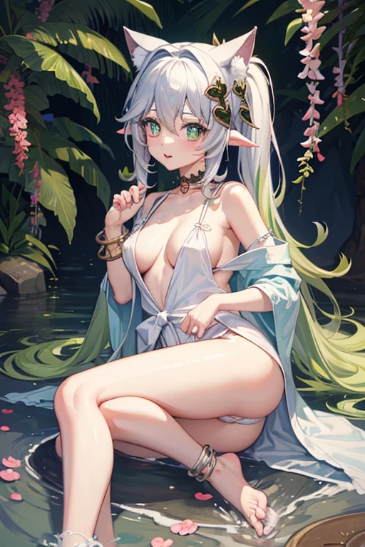 bathrobe,anklet,leg up,hairband,areola_slip,masterpiece, best quality, kawaii, ahoge, beautiful detailed eyes, aqua eyes, eyeball, cat_ears, :p, naughty_face, medium breasts, bare legs, no legwear, wristband, hair scrunchie, looking back, li, student, tail