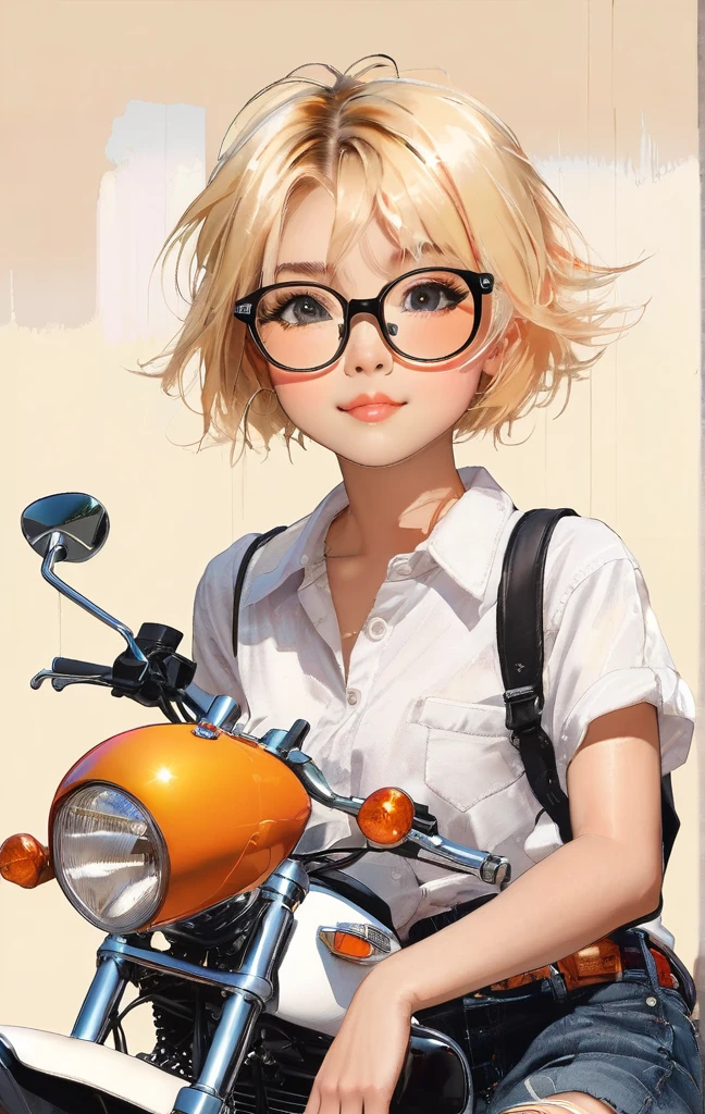 ハーレーDavidson, riding, American casual, blonde, short hair, black-rimmed glasses,