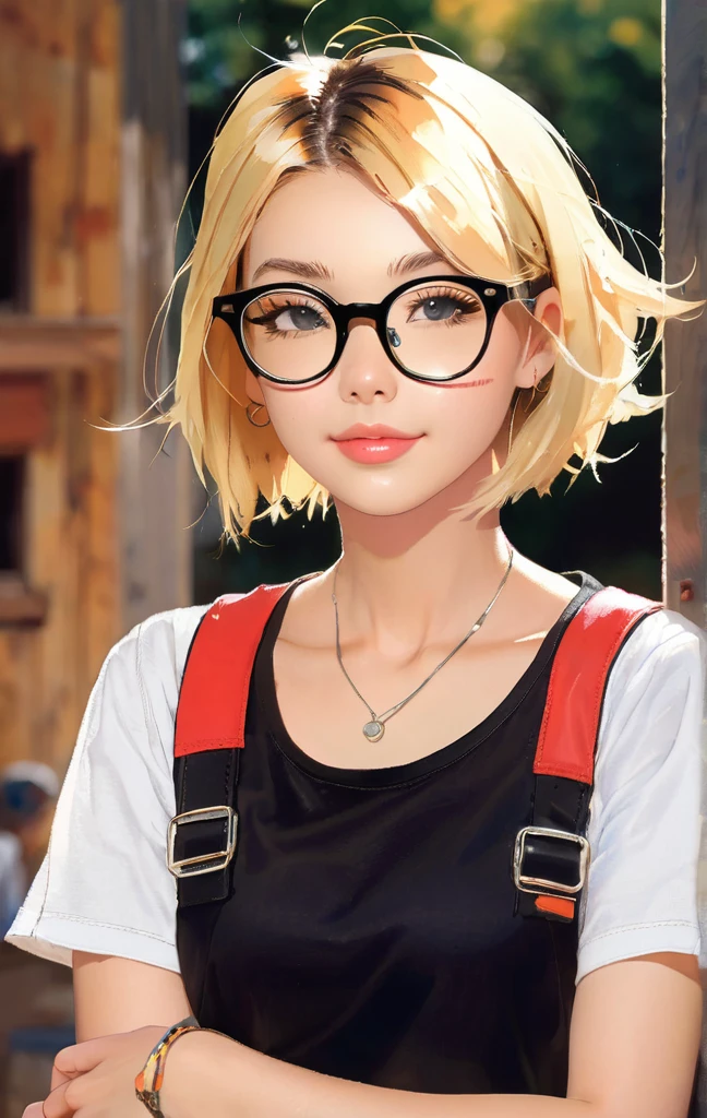 ハーレーDavidson, riding, American casual, blonde, short hair, black-rimmed glasses,