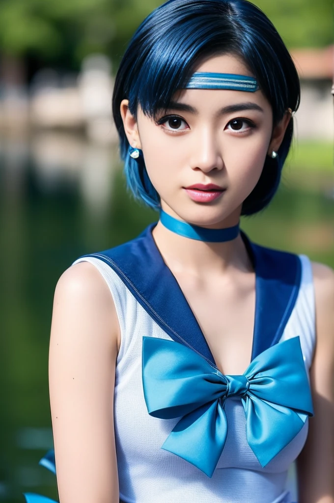 Full Body Shot,Ami Mizuno, (sailor mercury, neck ribbon, blue hair, short hair, circlet, jewelry, crescent earrings),Sailor Mercury. beautiful, whole body,water star,looking at the camera