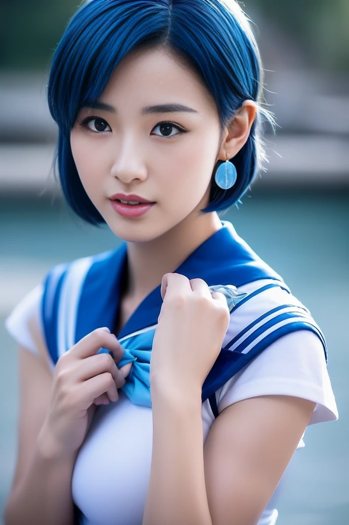 Full Body Shot,Ami Mizuno, (sailor mercury, neck ribbon, blue hair, short hair, circlet, jewelry, crescent earrings),Sailor Mercury. beautiful, whole body,water star,looking at the camera