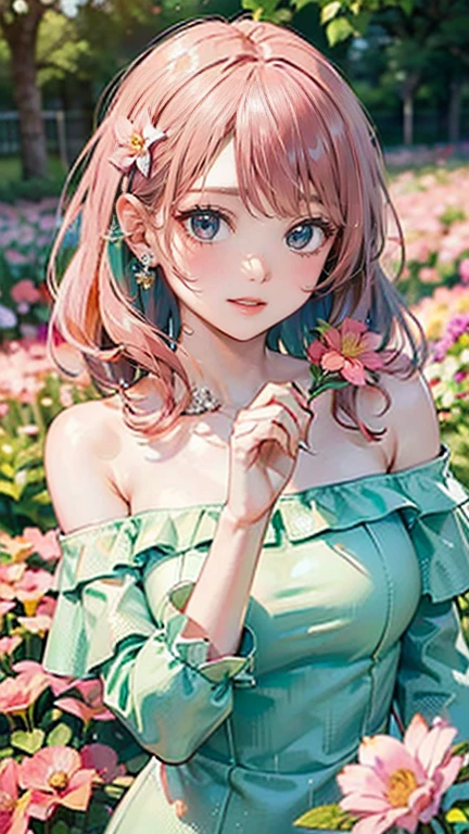 (Masterpiece, BestQuality:1.3), (ultra detailed:1.2), (hyperrealistic:1.3), (RAW photo:1.2), High detail RAW color photo, professional photograph, (Photorealistic:1.4), (realistic:1.4), (Pink Hair:1.5), professional lighting, perfect anatomy, (Big Breasts:1.2), (blush, detailed face), (A happy smile:1.7), sexly, erotic sexly, Random sexy gravure poses, (A beautiful, refreshing girl wearing a mint green off-shoulder dress、Smiling while picking flowers in a flower field、Pearl Earrings、Pose with flowers in hand。:1.3)