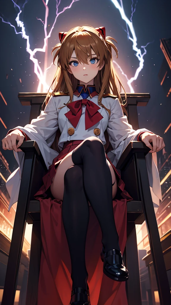 1girl, souryuu asuka langley, neon genesis evangelion, lance of longinus, uniform, uniform skirt, black stocking, thighhigh, perfect lightning, smooth, HDR, gloating, glittery, dynamic back lighting, highres, 4K, 8K, well drawn, fair skin, perfect hand, perfect face, masterpiece, gorgeous lighting, gorgeous eyes, detailed eyes, detailed hair, realistic, detailed face, best quality, ultra detailed, sitting, cross legs, throne, looking down, cinematic angle, dynamic pose, looking at viewer, outdoors, very aesthetic, absurdres, far range shot