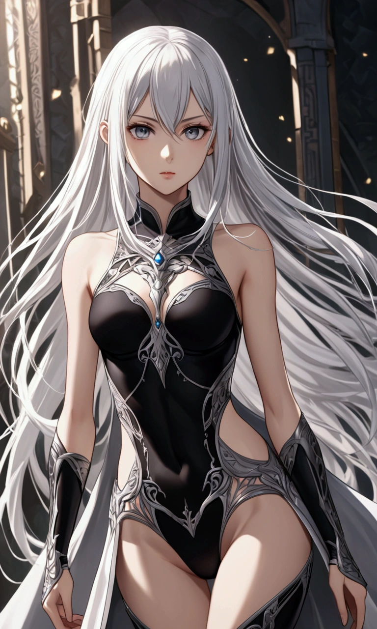 A girl with long elegant white hair, determined grey eyes, fair skin tone, slender and athletic built, average height body, fantasy wear, detailed eyes, detailed body, long shot, 8k high-res best quality.