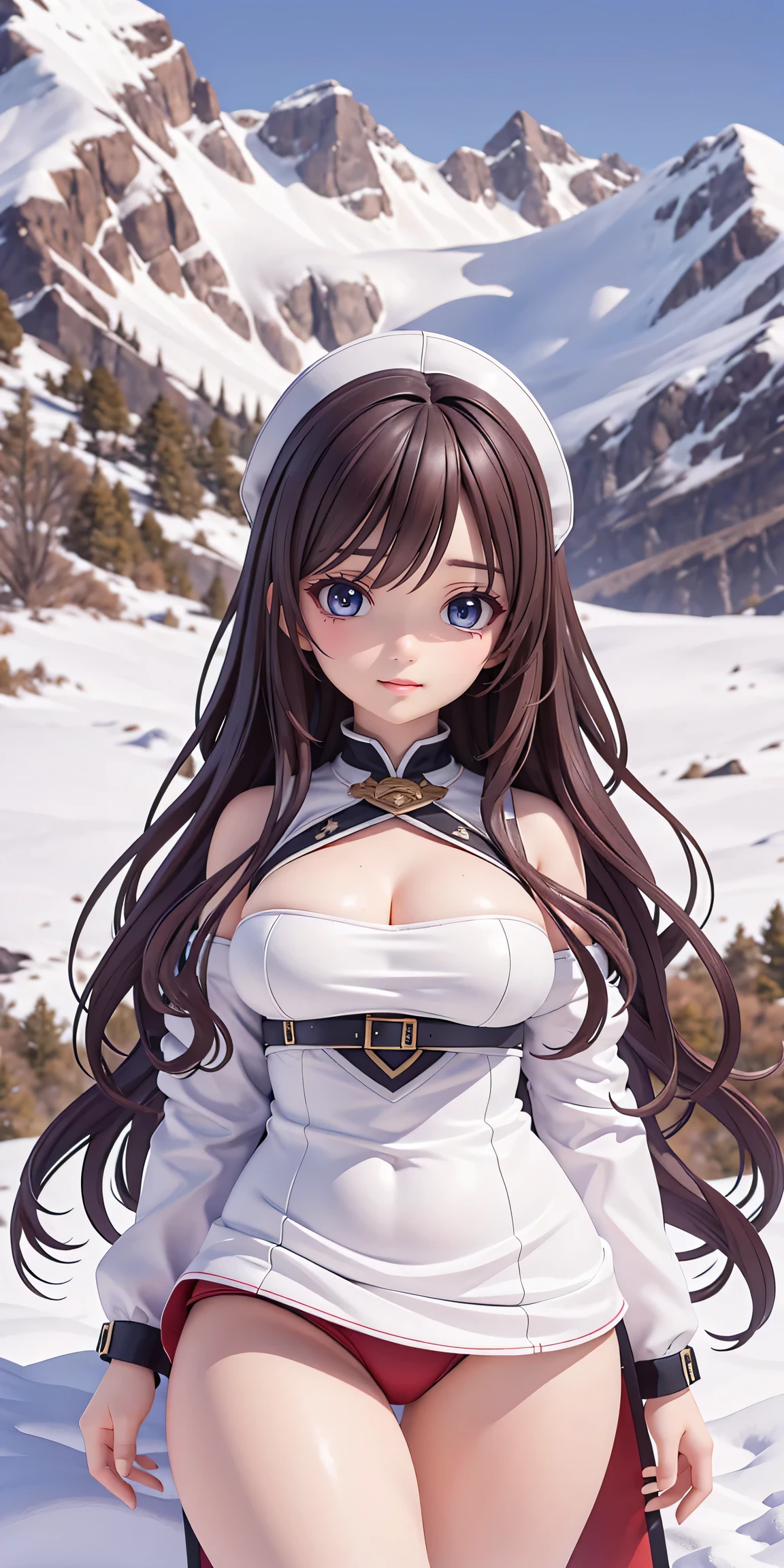 (masterpiece, best quality, ultra-detailed, photorealistic), chibi, 1 girl, curvaceous but slender body, dark, In the wilderness, High mountain, Snow-capped mountains in the distance, castle, beautiful detailed eyes, beautiful detailed hair,