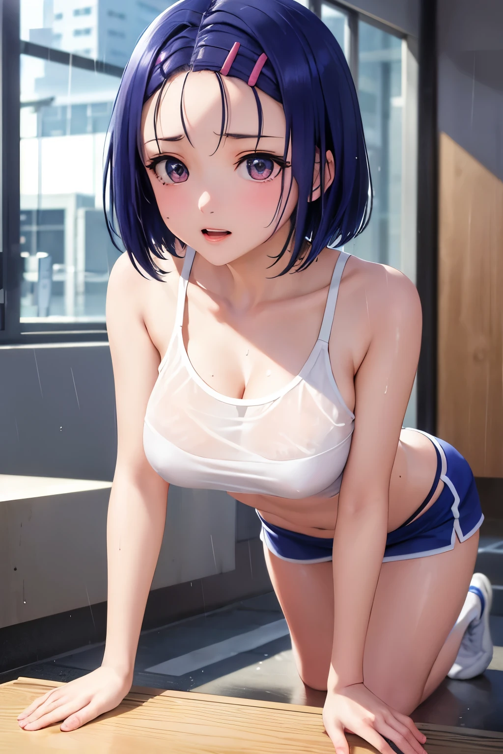 Haruna Sairenji、To Love-Ru、Blue Hair、Bobcut、Hairpins x 2、Show your forehead、high school girl、White gym clothes、Bloomers、Soaking wet、Wet gym clothes、Sheer gym clothes、You can see through the bra、See-through underwear、first round、Embarrassing、blush、（（（ＳＦＷ、sound、Highest quality、first-clasasterpiece、Normal body、8k、Detailed face、Ultra-precision、Normal hand、Normal finger、５Finger、Highest）））、Full body view、School、Behind the gym、heavy rain、Outdoor、On all fours、first roundにリード、Threatened