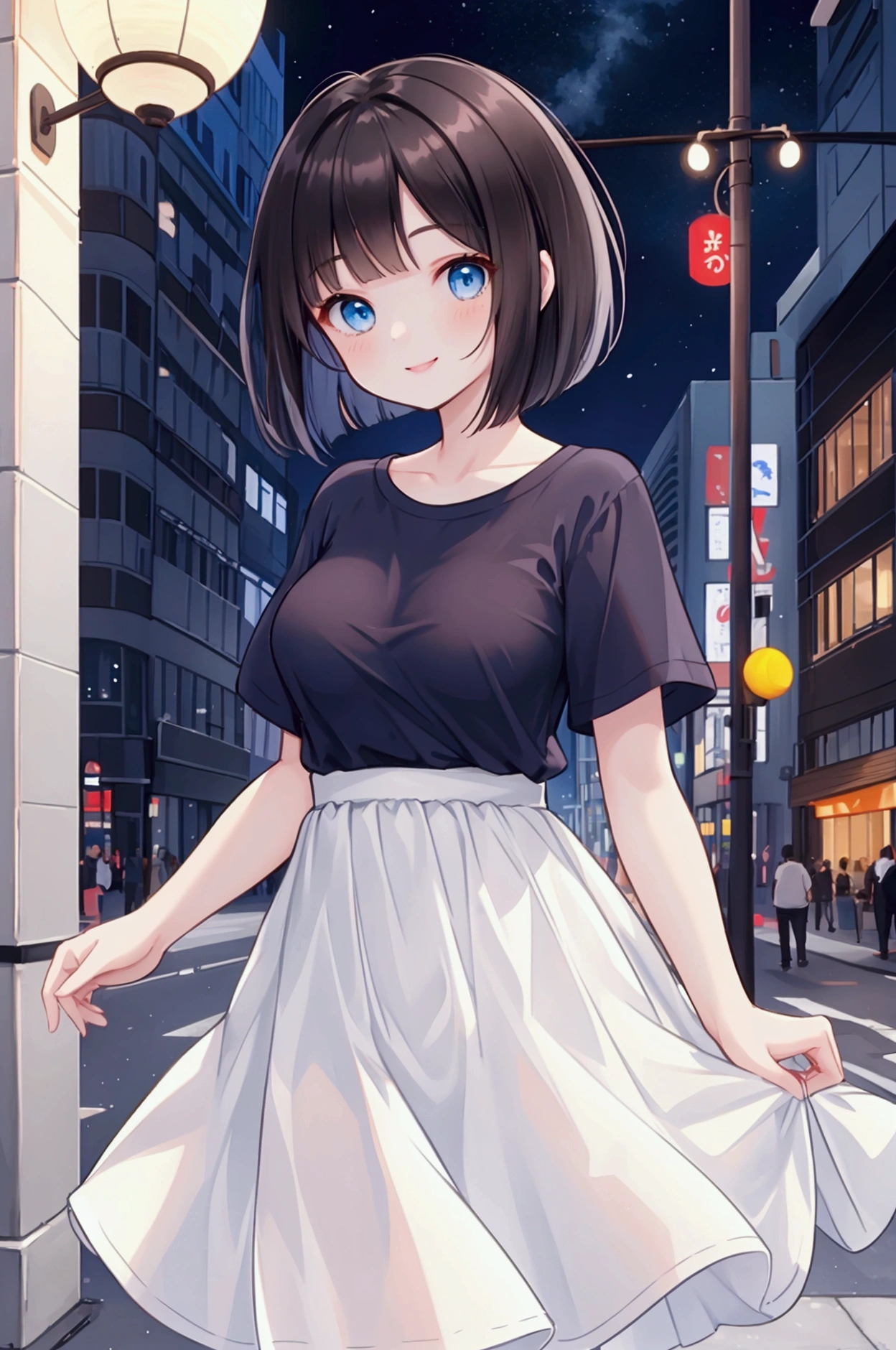 Photorealistic、Highest quality、Highest Resolution、Highest quality、16K、One beautiful woman、Beautiful woman、Cute face、Bob cut hair、Dark Hair Color、Pale blue eyes、Beautiful breasts、smile、looks fun、Casual T-shirts、Casual dress、night、In the city、